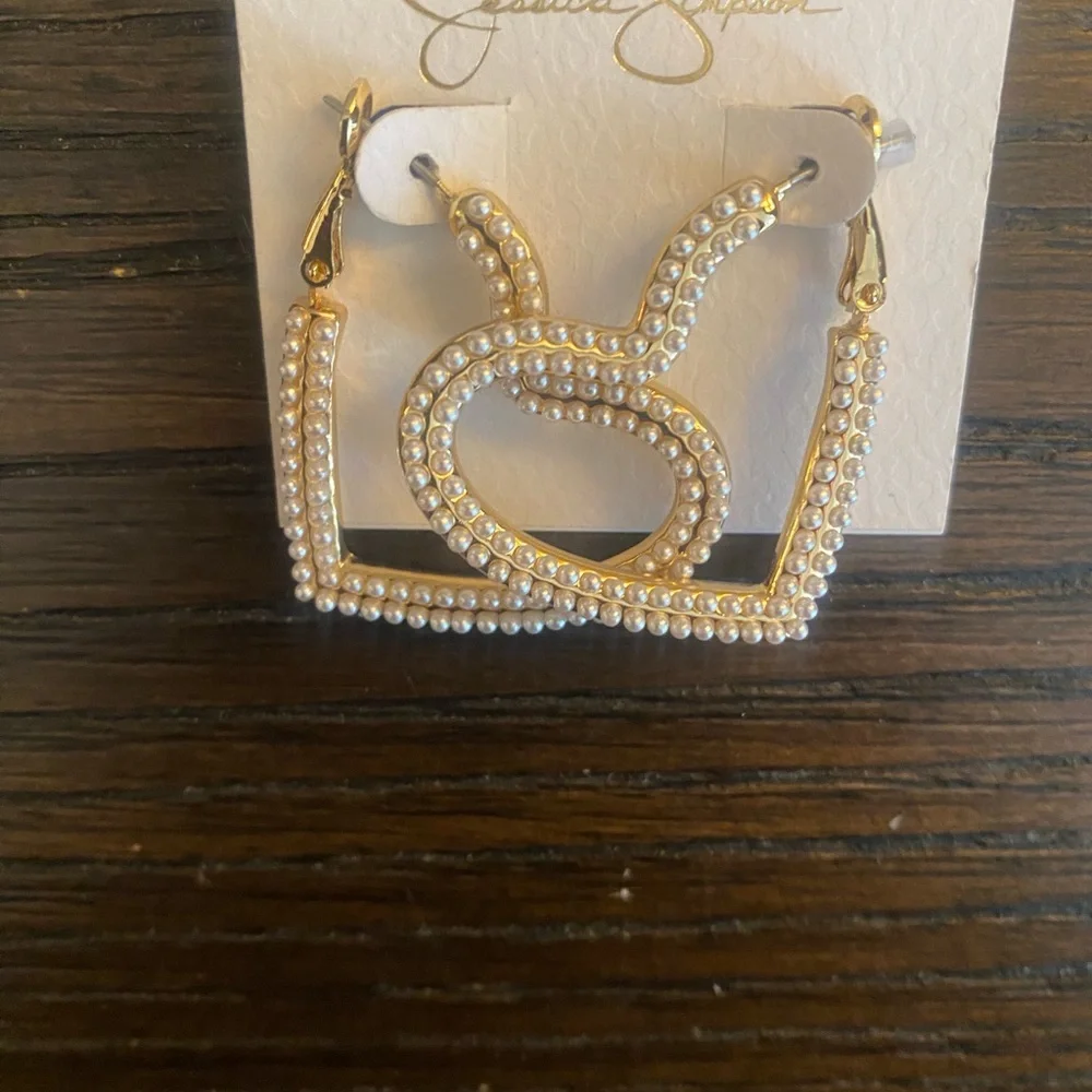 NEW Jessica Simpson gold pearl heart earrings